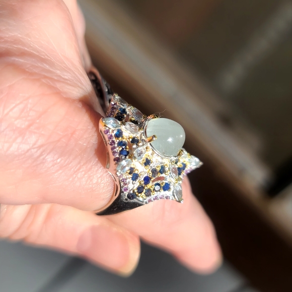 INCREDIBLE Aquamarine Sapphire & Amethyst Sterling Spiderweb 🕸 ring sz8.5 - Picture 10 of 13